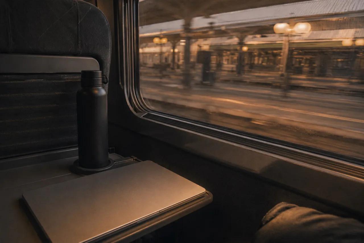Vue depuis une banquette de train, quai en mouvement