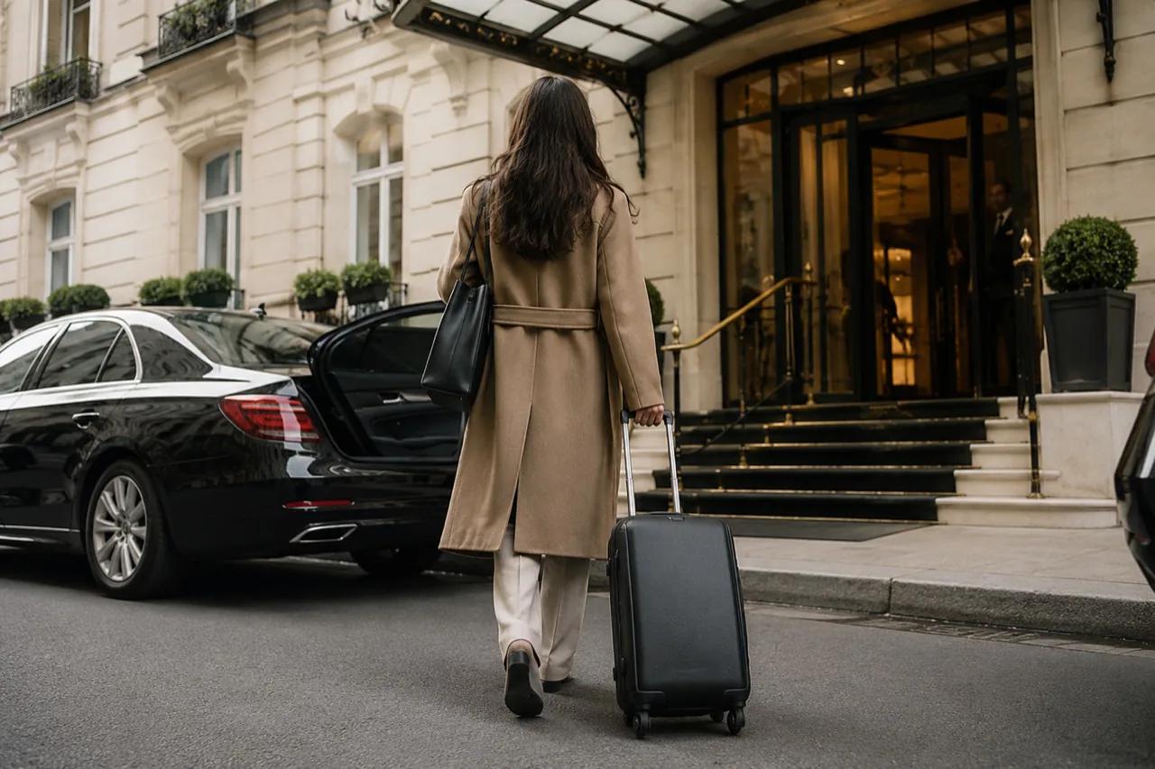 Voyageuse en manteau camel avec valise devant un palace parisien