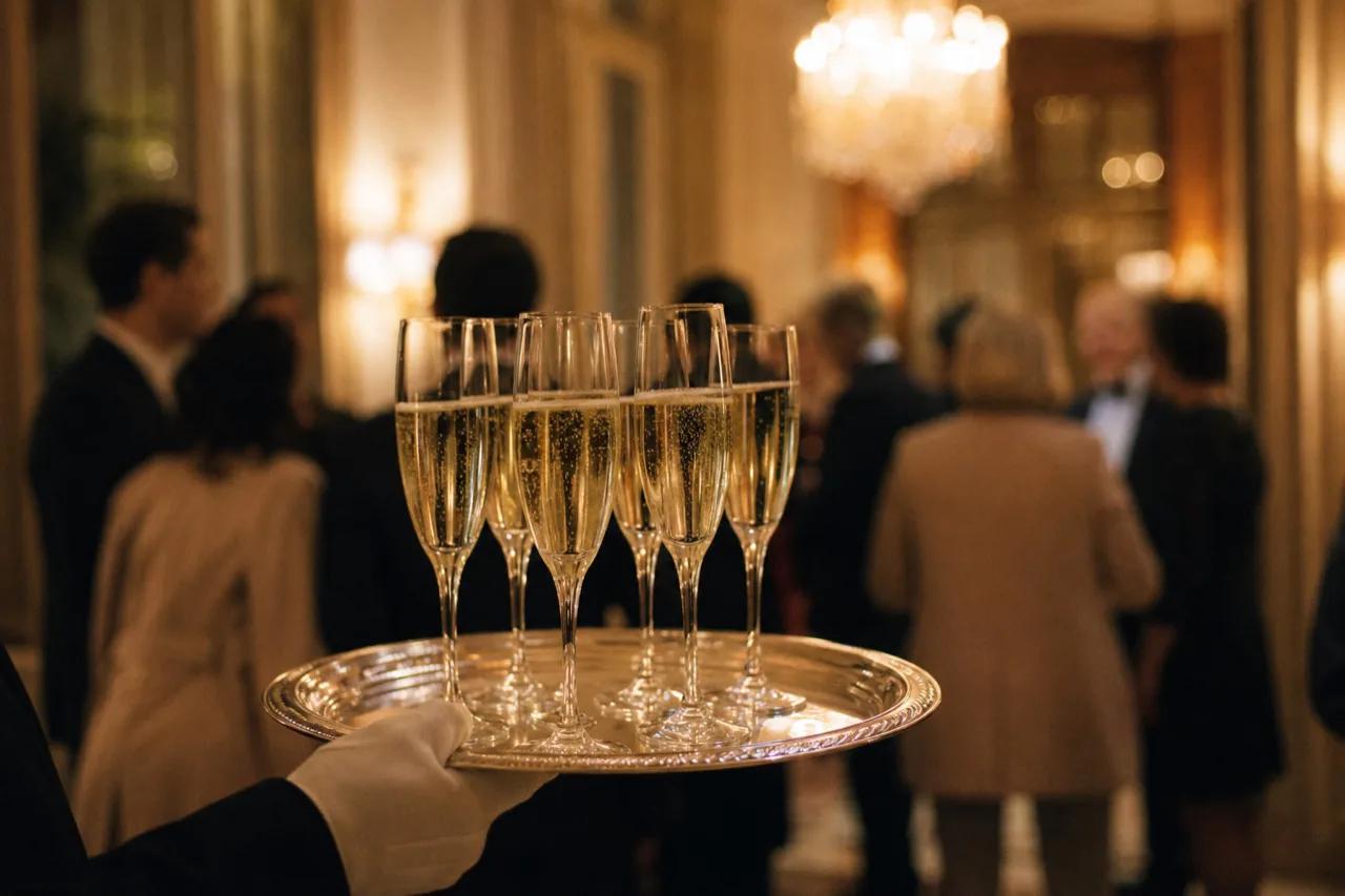 Plateau de coupes de champagne servi par un serveur ganté lors d’un gala