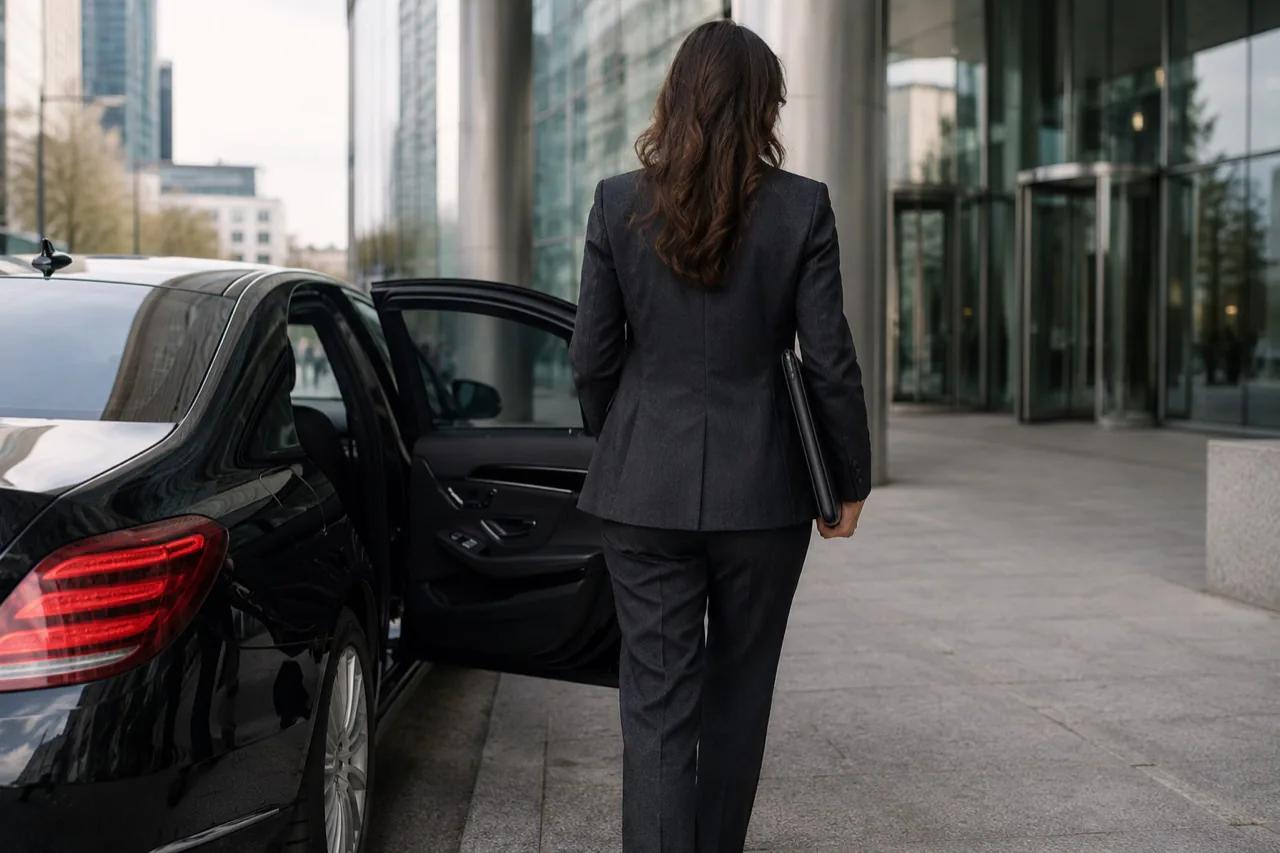Femme en tailleur descendant d’une berline devant un immeuble de bureaux