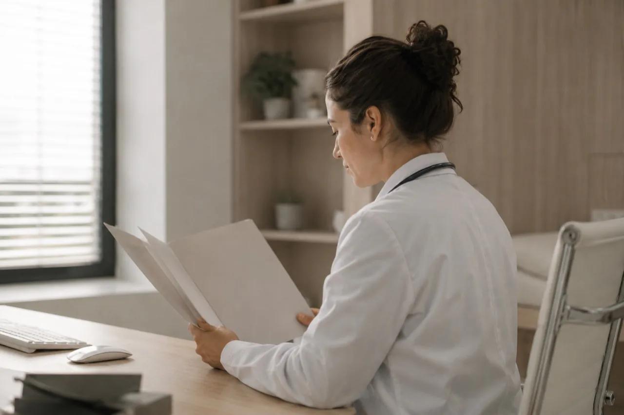 Médecin en blouse blanche consultant un dossier près d’une fenêtre