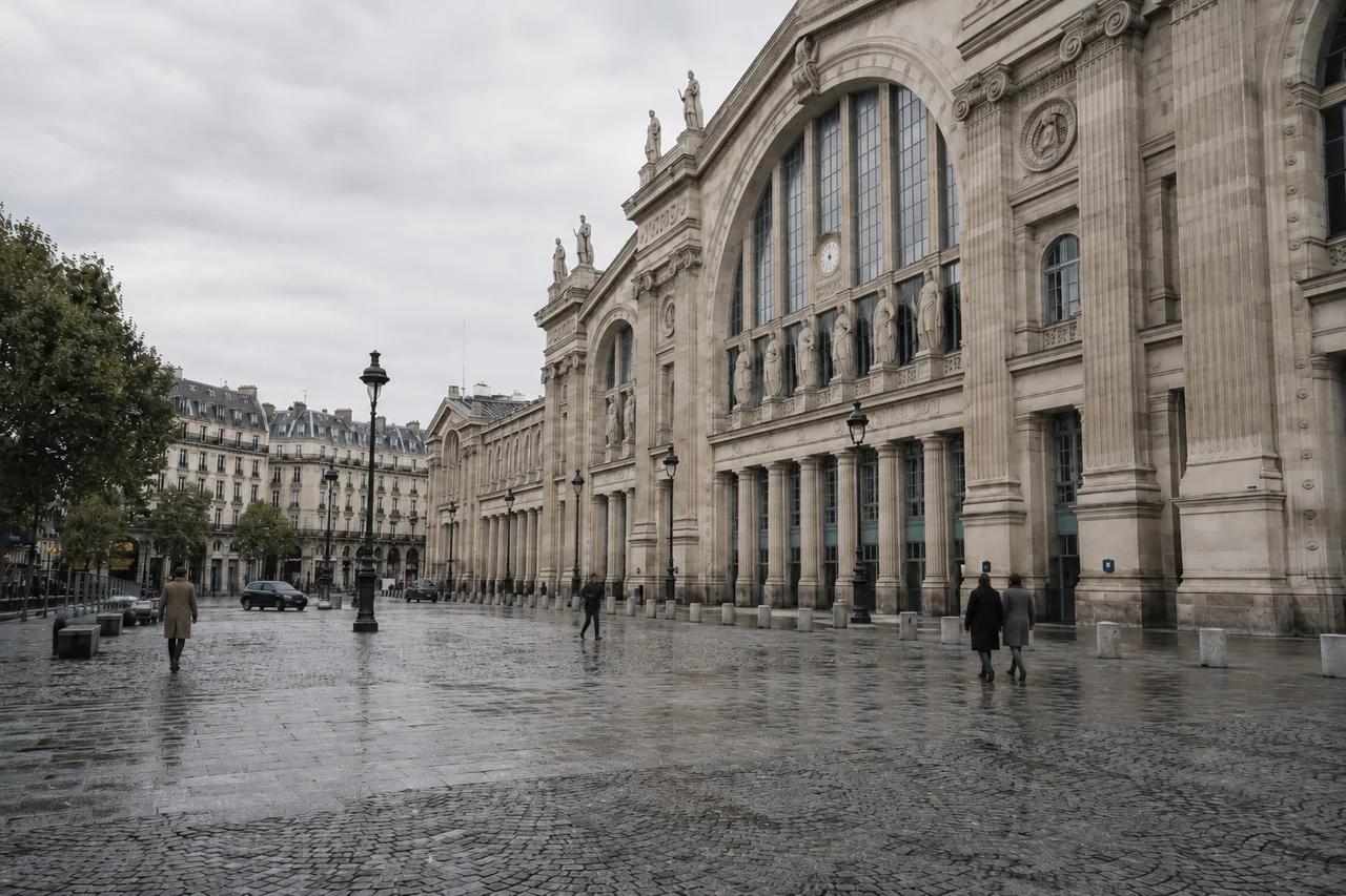 Parvis et façade latérale de la gare du Nord par temps couvert