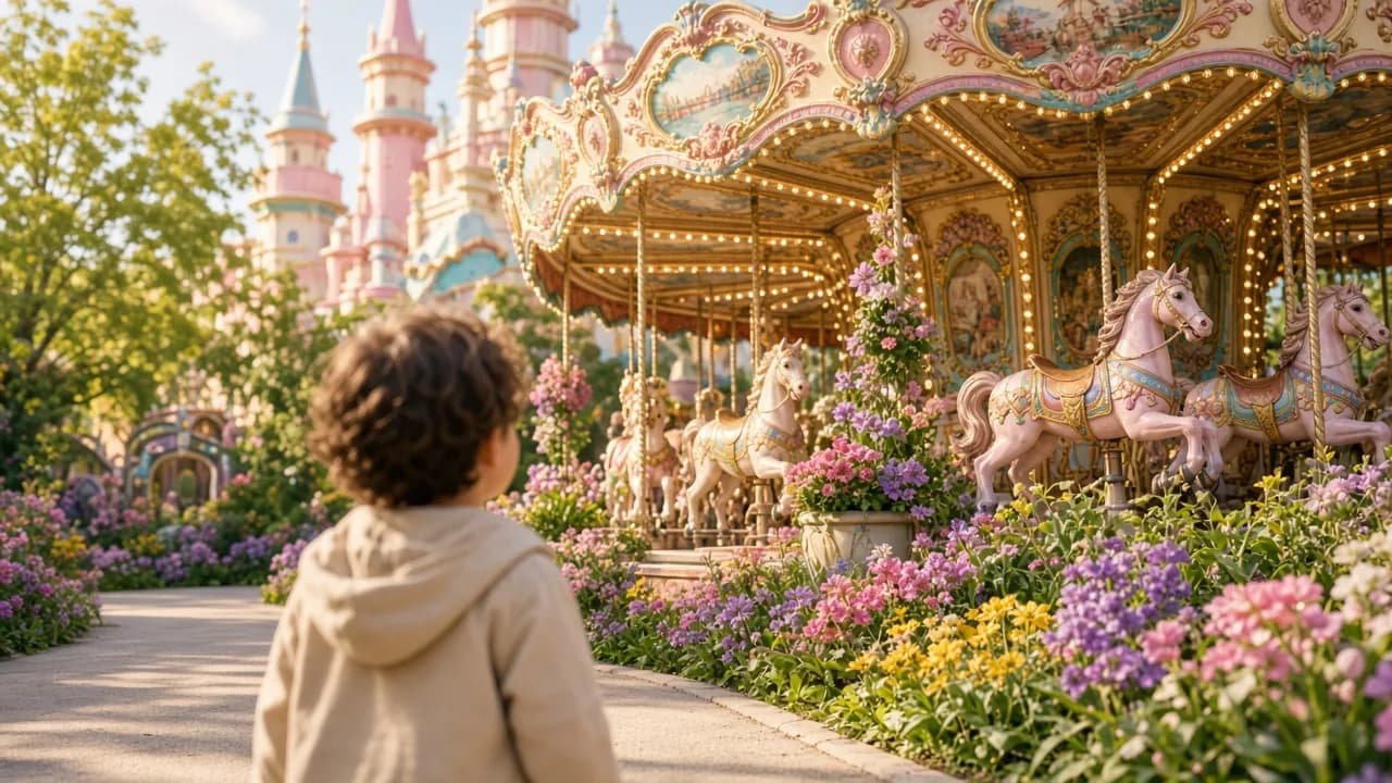 Enfant devant un manège coloré en plein jour, parcs d'attractions