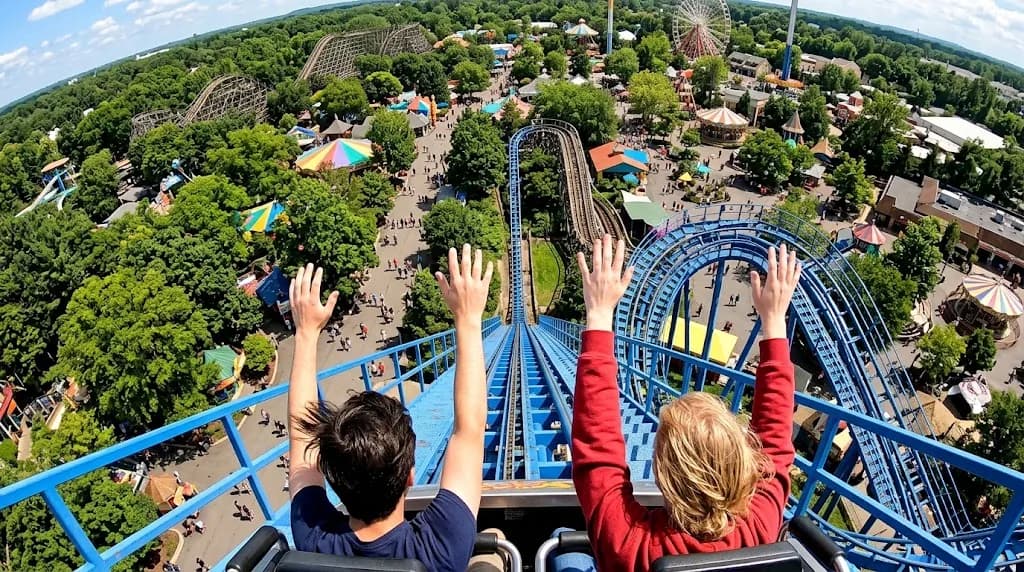 Point de vue first drop montagnes russes, bras levés, parc d’attractions dense