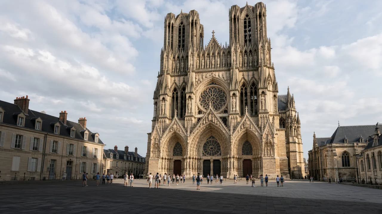 Façade de la cathédrale Notre-Dame de Reims depuis le parvis