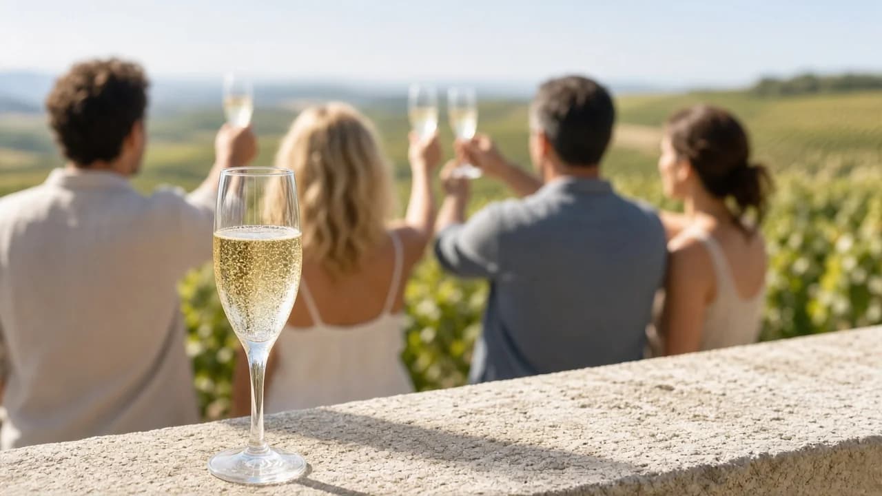 Flûte de champagne au premier plan, personnes qui trinquent sur une terrasse face au vignoble ensoleillé