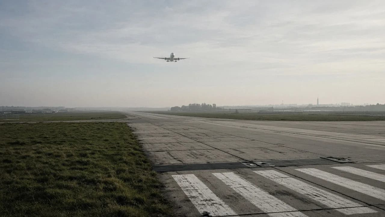 Avion lointain au-dessus d’une piste en Île-de-France, avec l’horizon de Paris