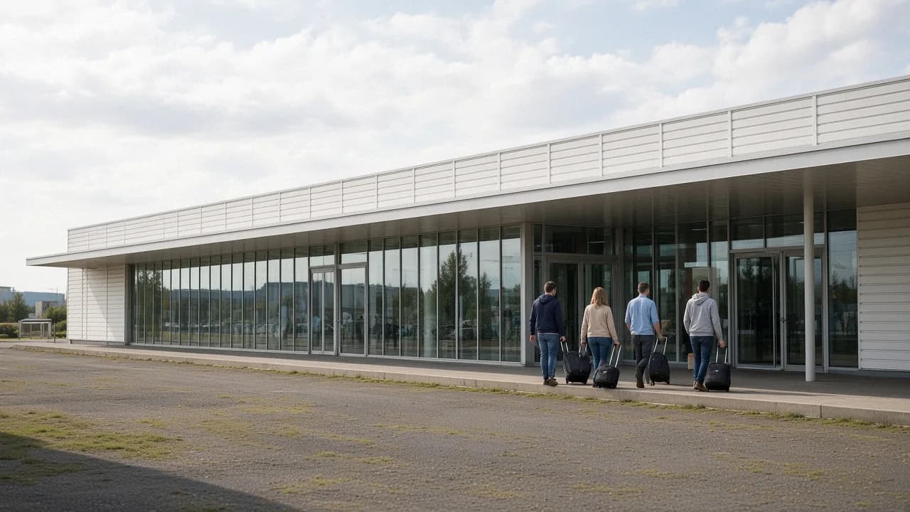 Voyageurs avec bagages devant le terminal de l’aéroport Paris-Beauvais, par temps couvert