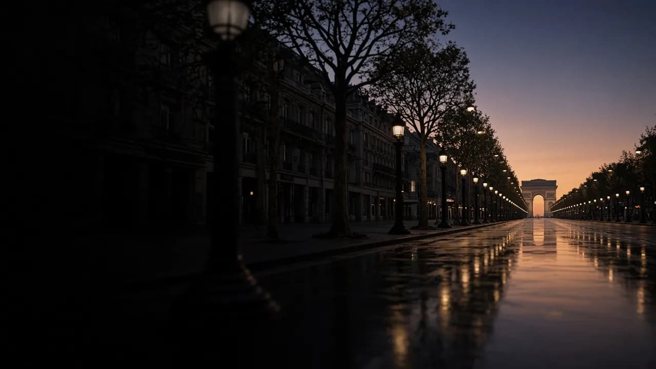 Avenue des Champs-Élysées vers l’Arc de Triomphe au blue hour