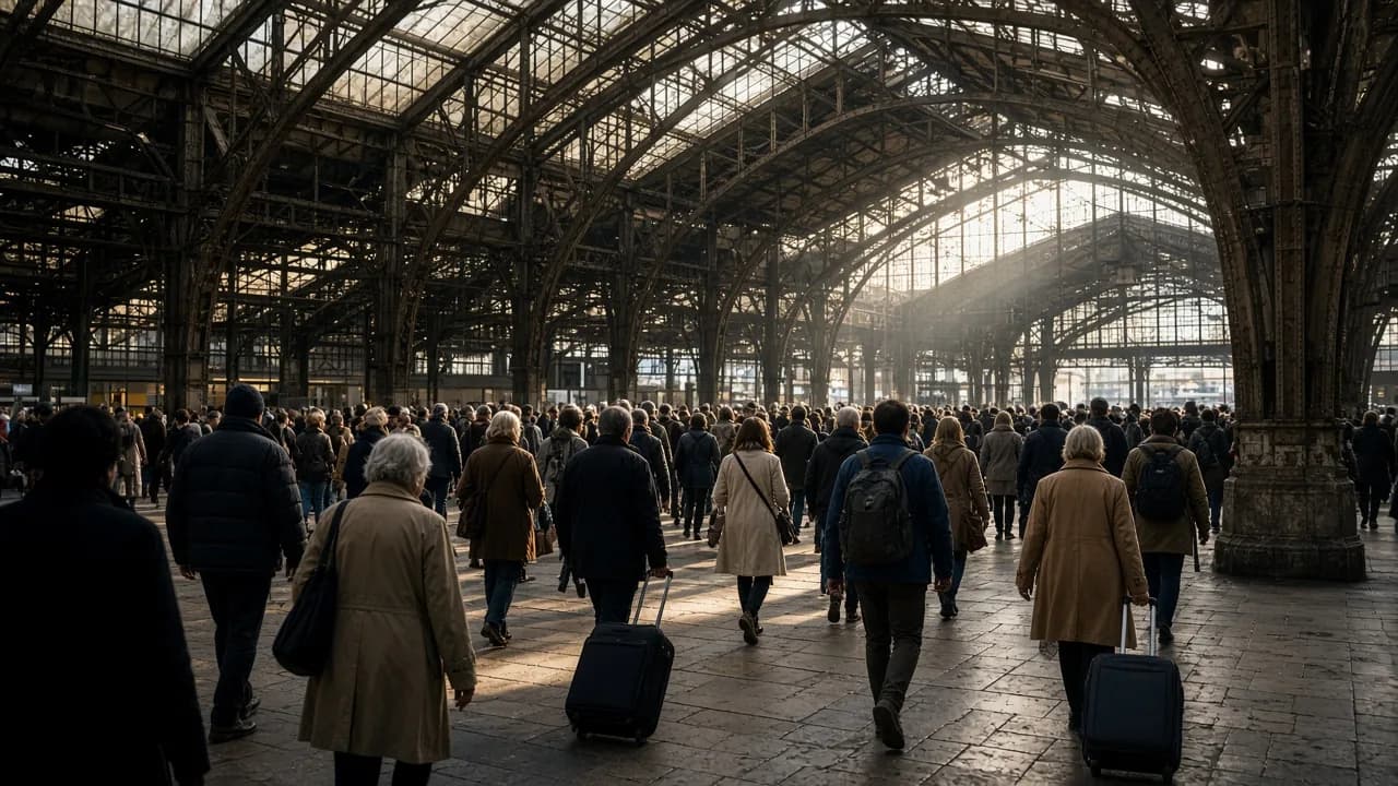 Hall d’une grande gare parisienne à l’arrivée des voyageurs