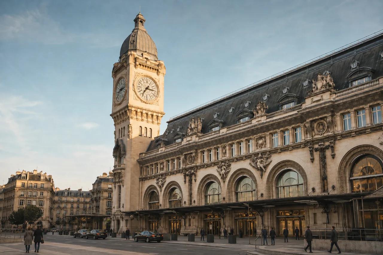 Façade de la gare de Lyon à Paris et son beffroi avec horloge