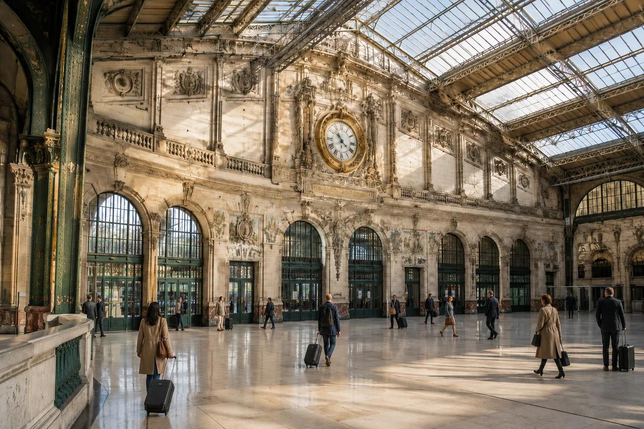 Grand hall intérieur de la gare de Lyon avec voyageurs
