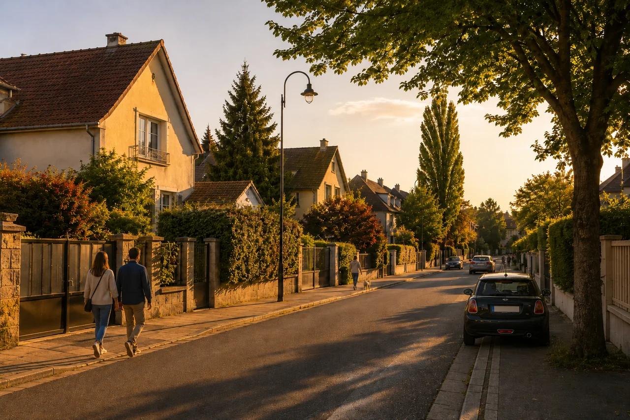 Rue résidentielle pavillonnaire d'une commune d'Île-de-France au coucher du soleil