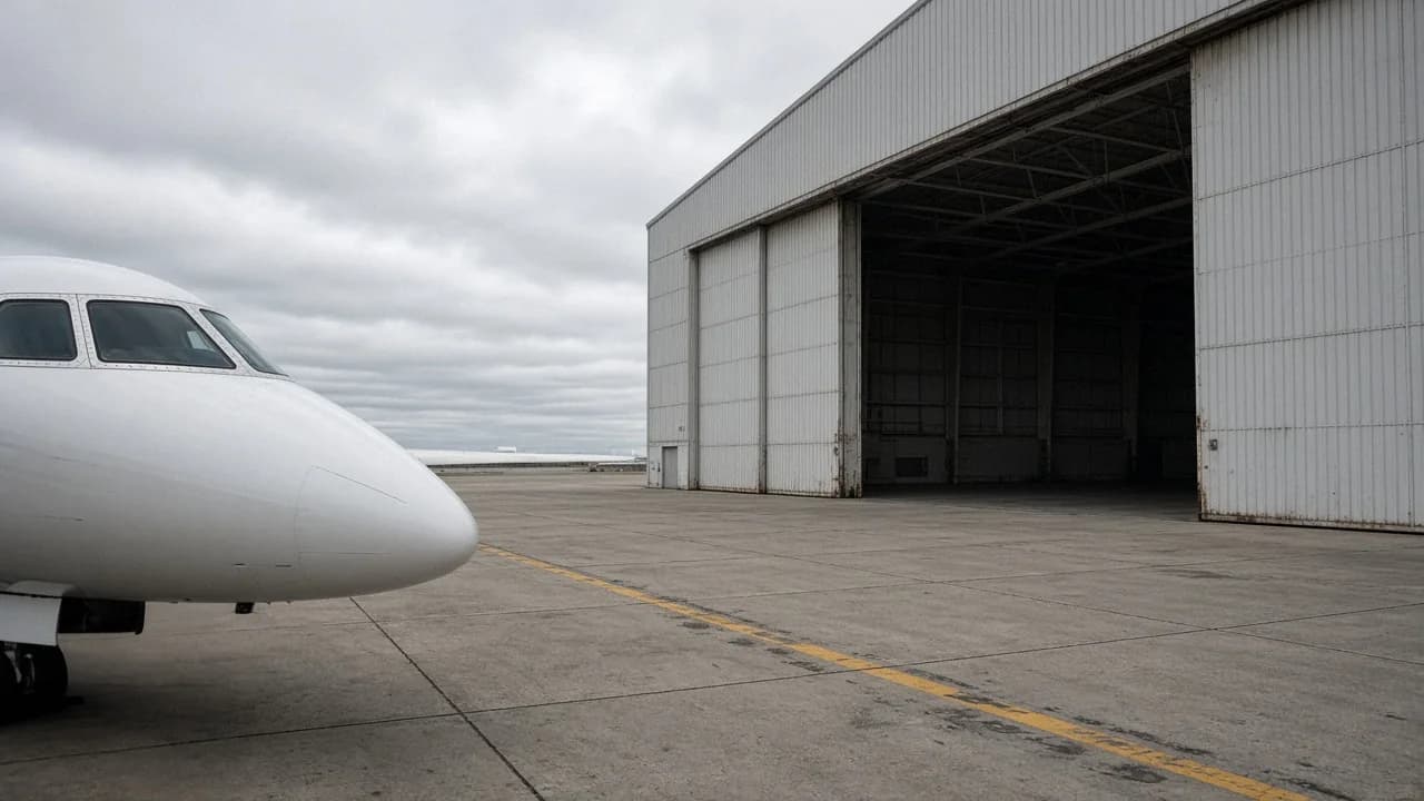 Jet d’affaires blanc devant un hangar, sur le tarmac de l’aéroport du Bourget
