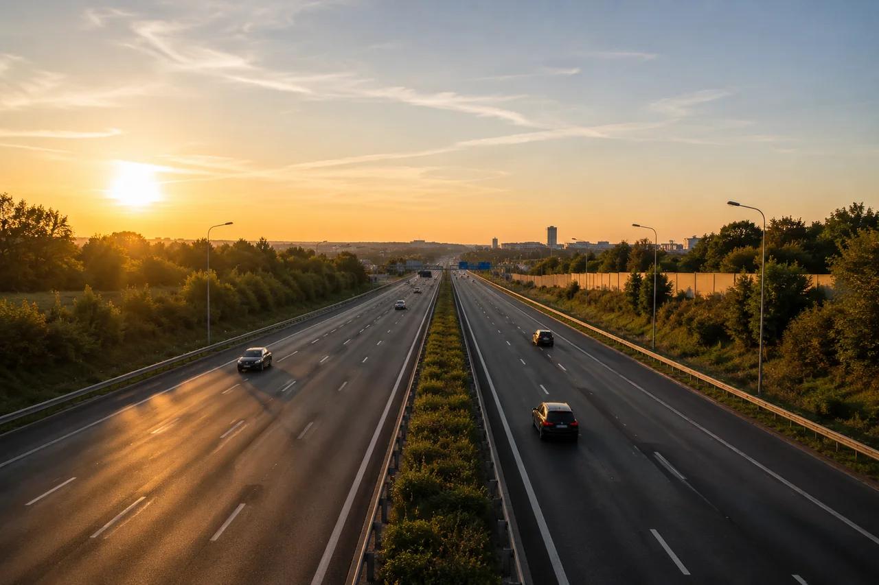 Autoroute au coucher du soleil reliant l'aéroport d'Orly au sud parisien