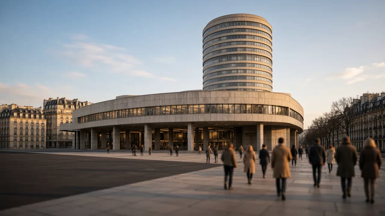 Palais des Congrès, volume courbe et tour, porte Maillot au blue hour