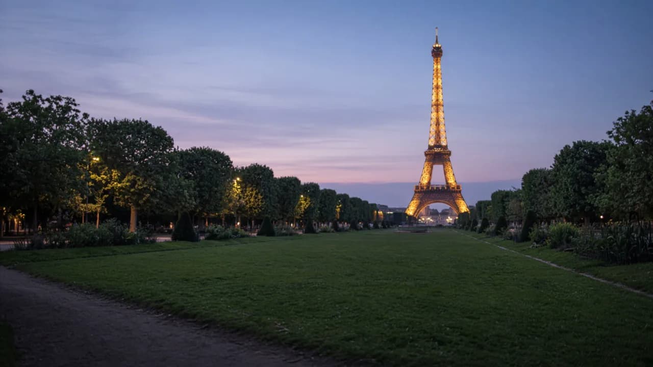Tour Eiffel depuis le Champ-de-Mars au crépuscule, Paris 7e