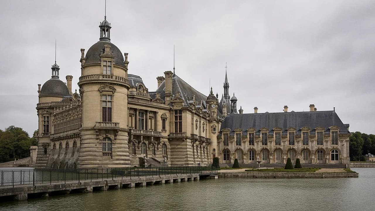 Château de Chantilly au bord de l’eau, jardins au premier plan