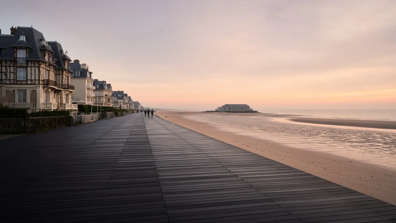 Les Planches et le front de mer de Deauville à l’aube