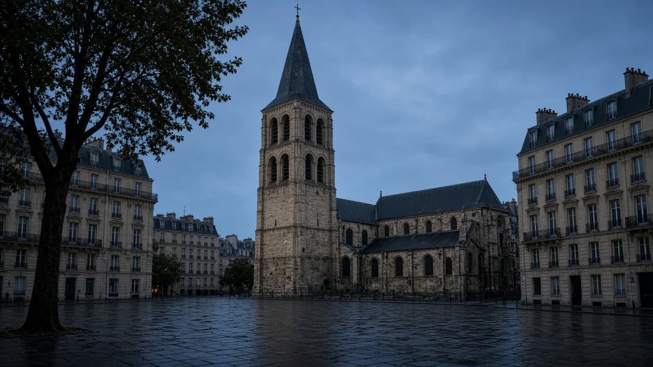 Clocher de l’église Saint-Germain-des-Prés et parvis au blue hour