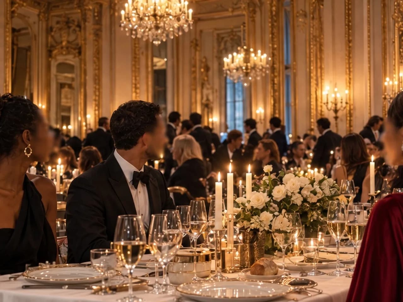 Tables dressées pour un dîner de gala dans une salle de réception parisienne