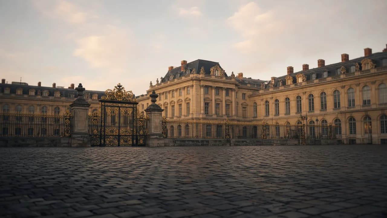 Façade du Château de Versailles depuis la Place d’Armes à l’aube
