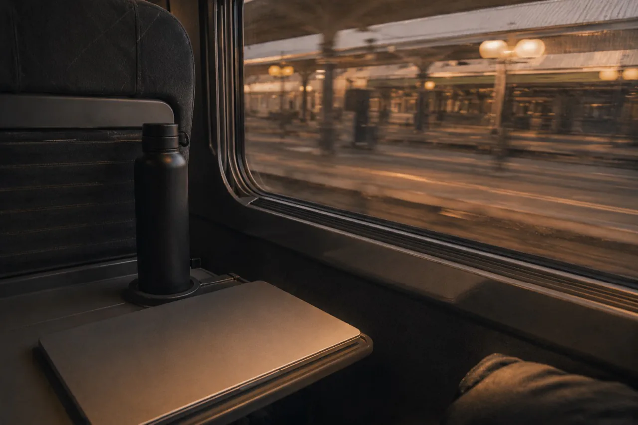 Vue depuis une banquette de train, quai en mouvement
