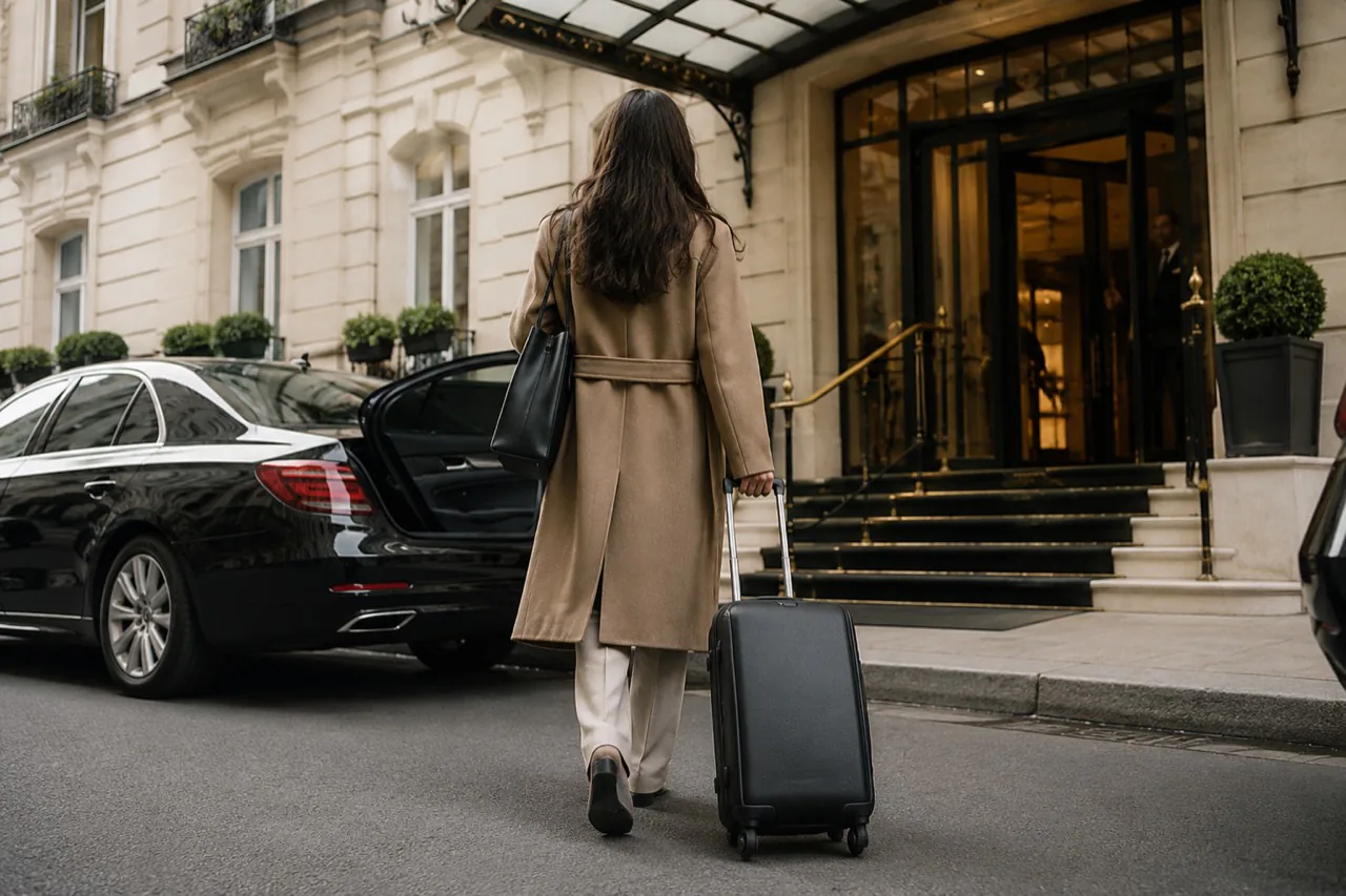 Voyageuse en manteau camel avec valise devant un palace parisien